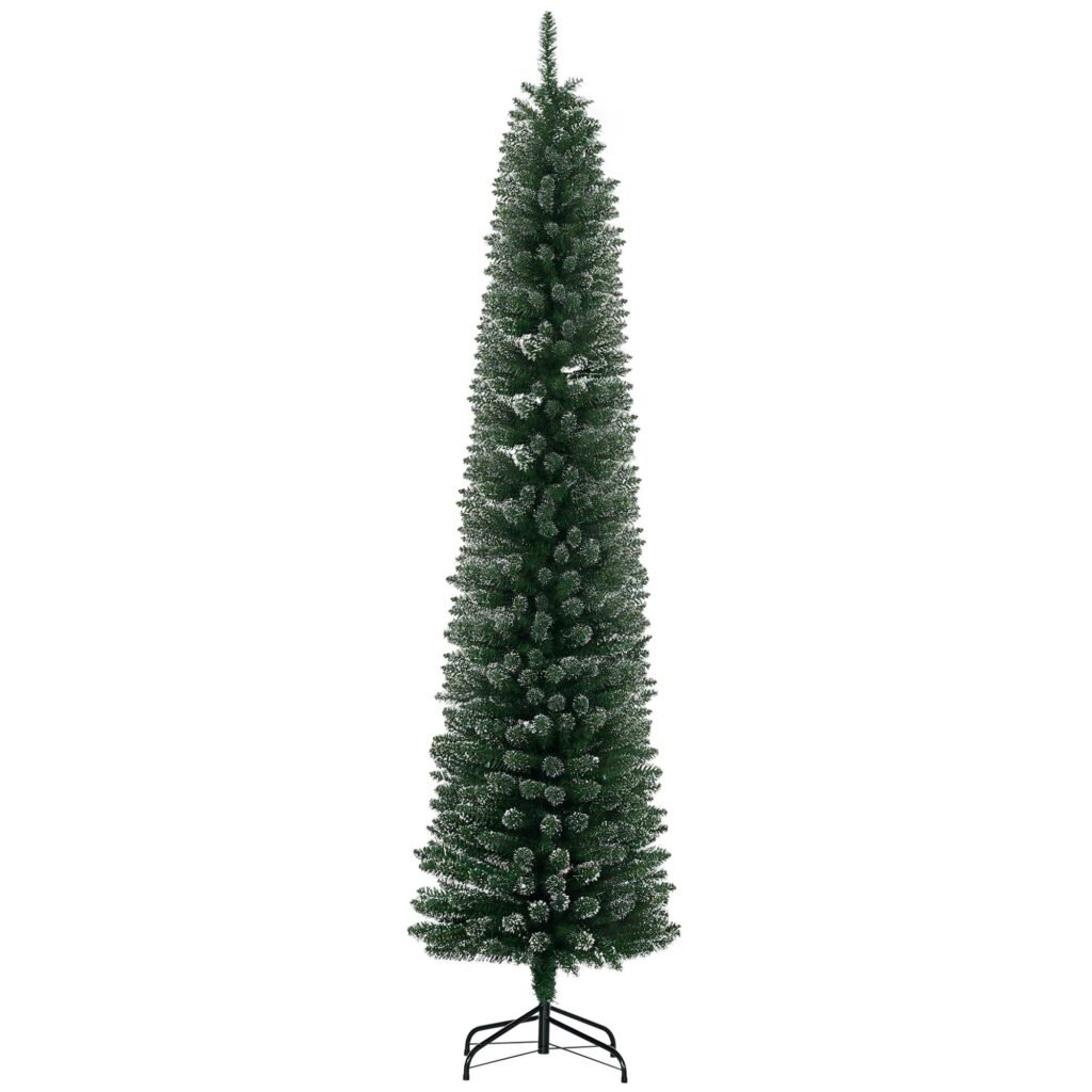 7.5FT Artificial Snow Dipped Christmas Tree Xmas Pencil Tree Holiday Home Indoor Decoration With Foldable Black Stand, Green —