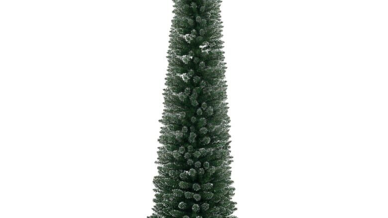 7.5FT Artificial Snow Dipped Christmas Tree Xmas Pencil Tree Holiday Home Indoor Decoration With Foldable Black Stand, Green