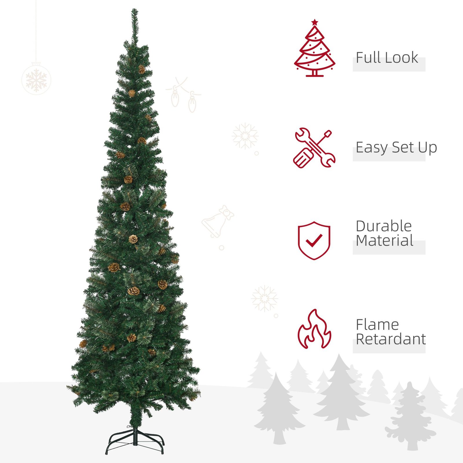7.5ft Pencil Christmas Tree, Artificial Christmas With Pine Needles, Realistic Branches, Pine Cones, Metal Base, Green - Image 4