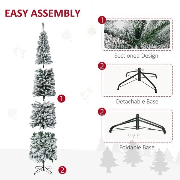 9ft Flocked Christmas Tree, Pencil Christmas Tree With Realistic Branch Tips, Folding Metal Stand, Green - Image 3