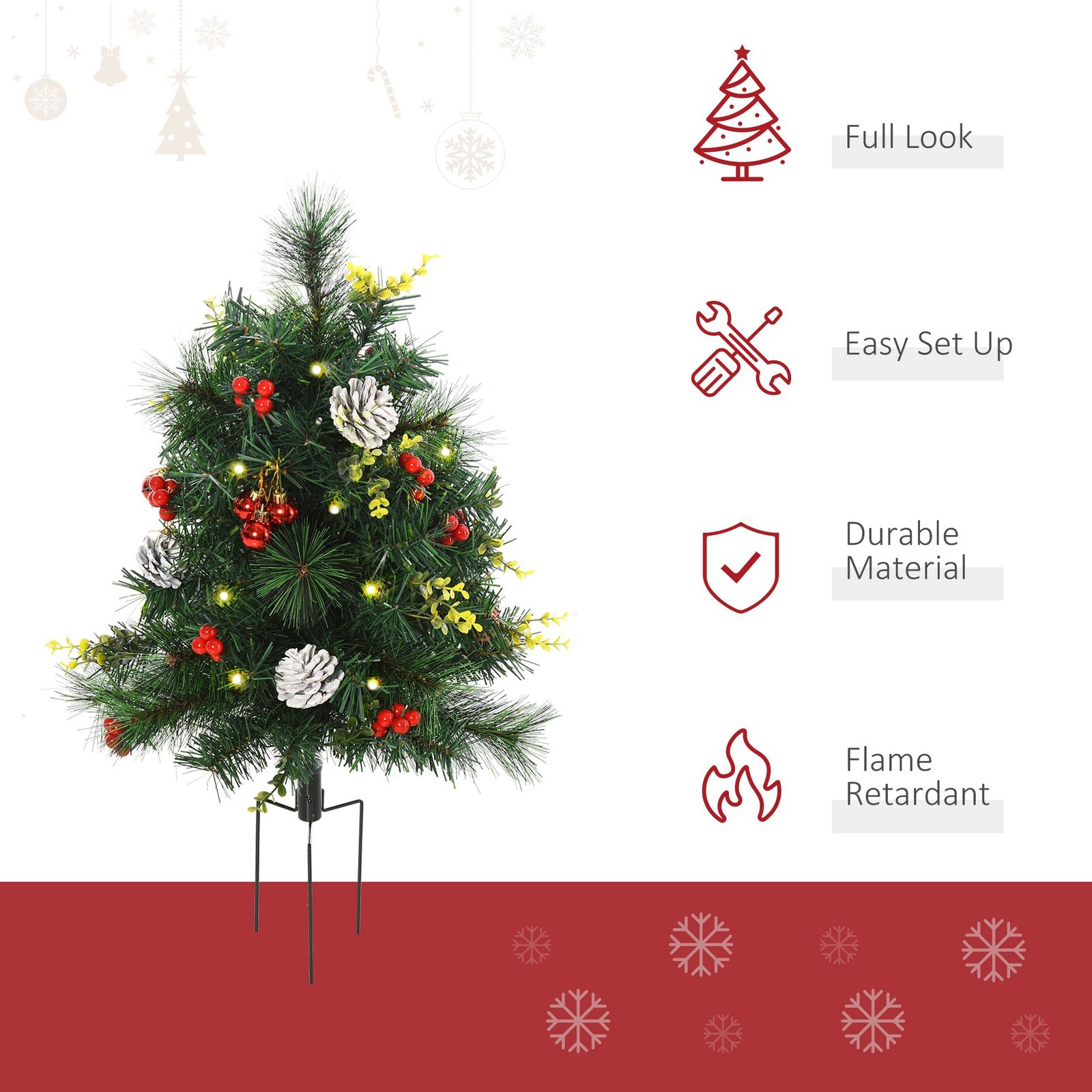 2.5ft 2 Pieces Prelit Artificial Christmas Tree With LED Light Mini Xmas Tree With Small Berry Pine Needles Pinecones Decorations For Garden - Image 6