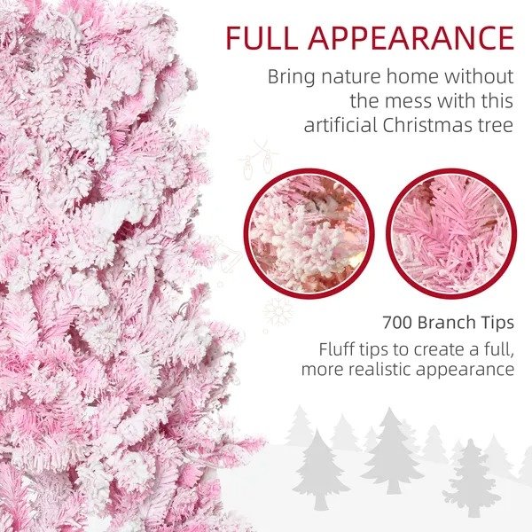 7.5 Foot Prelit Snow Flocked Artificial Christmas Tree With Pencil Shape, 700 Pine Realistic Branches, Warm White LED Lights, Auto Open, Pink And White - Image 5