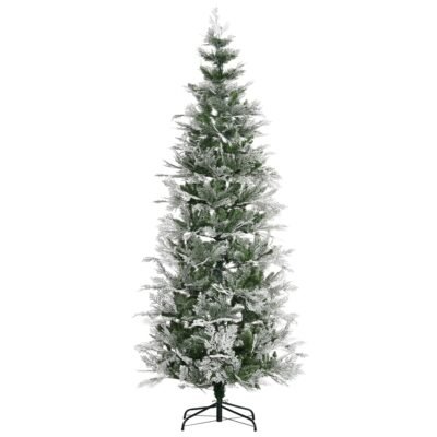 7.5 Feet Pencil Snow Flocked Artificial Christmas Tree With 880 Realistic Cypress Branches, Auto Open, Green