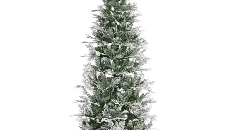 7.5 Feet Pencil Snow Flocked Artificial Christmas Tree With 880 Realistic Cypress Branches, Auto Open, Green
