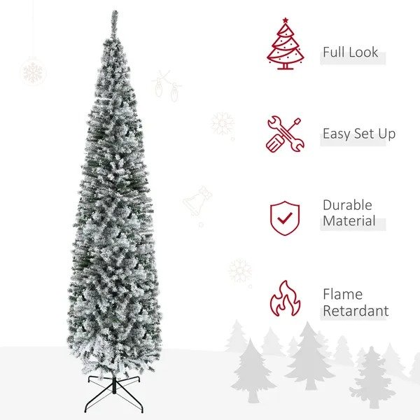9ft Flocked Christmas Tree, Pencil Christmas Tree With Realistic Branch Tips, Folding Metal Stand, Green - Image 2