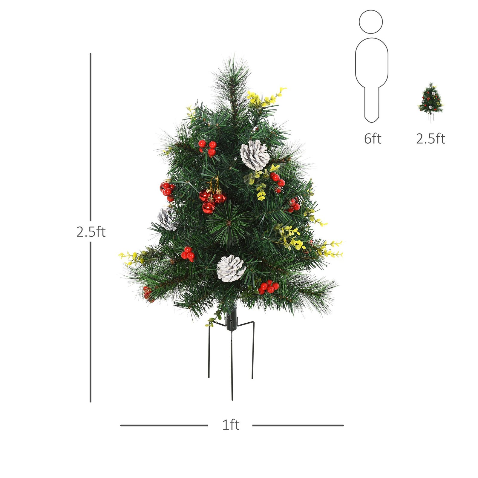 2.5ft 2 Pieces Prelit Artificial Christmas Tree With LED Light Mini Xmas Tree With Small Berry Pine Needles Pinecones Decorations For Garden - Image 2