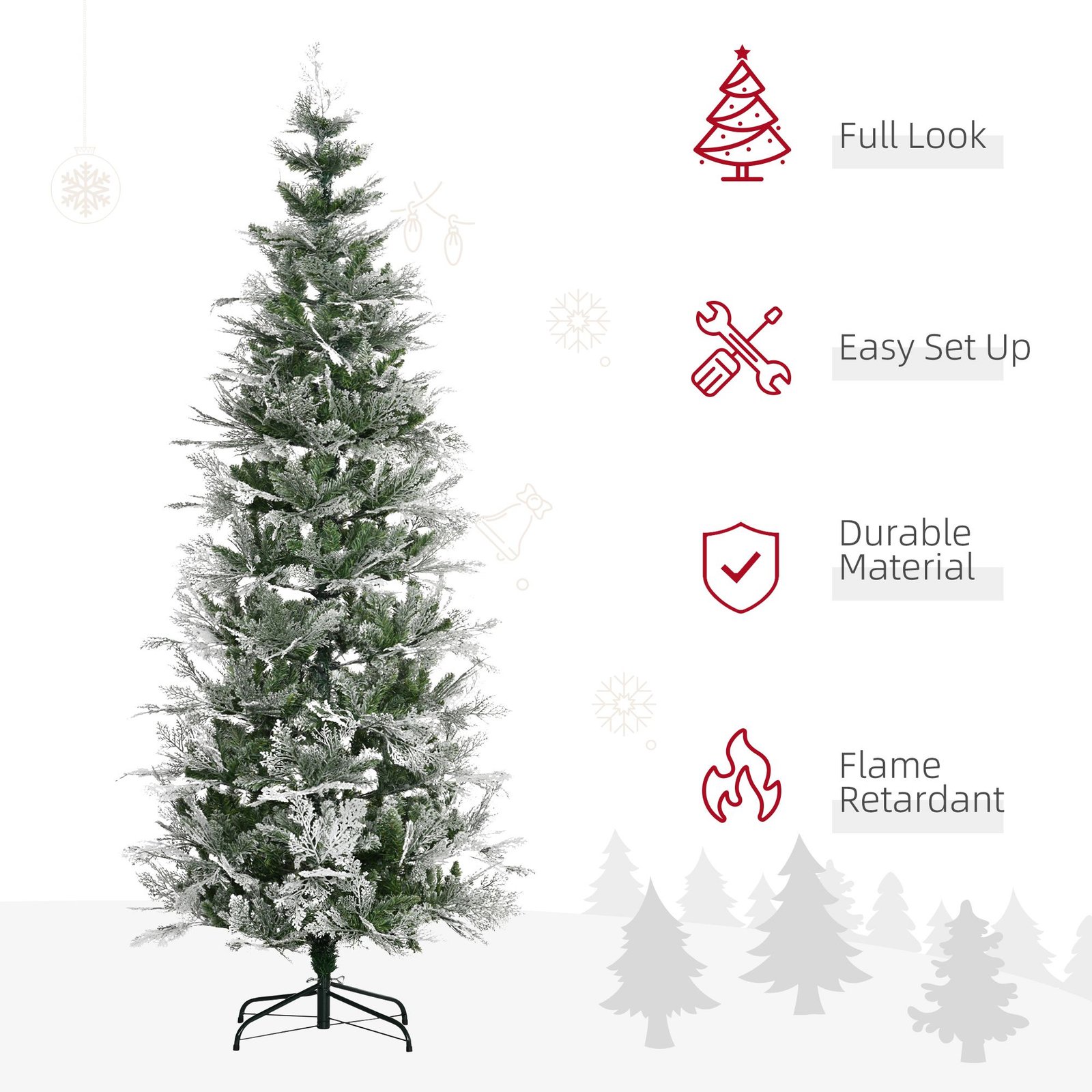 7.5 Feet Pencil Snow Flocked Artificial Christmas Tree With 880 Realistic Cypress Branches, Auto Open, Green - Image 6