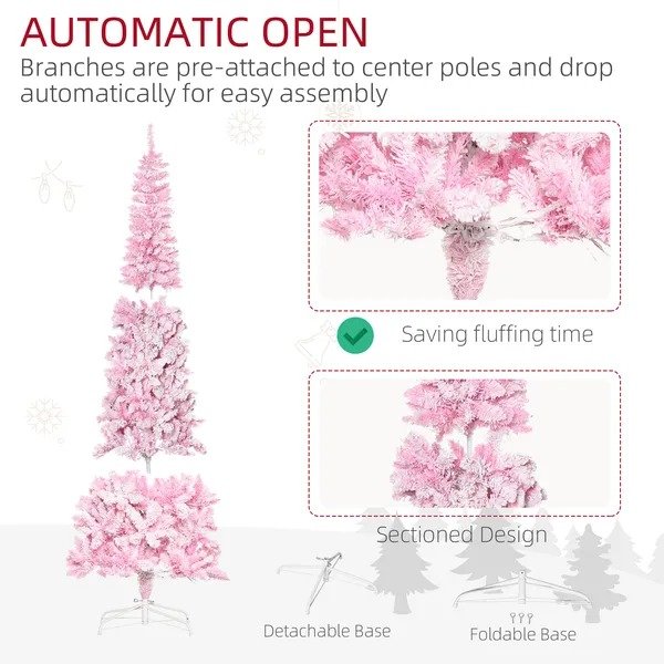 7.5 Foot Prelit Snow Flocked Artificial Christmas Tree With Pencil Shape, 700 Pine Realistic Branches, Warm White LED Lights, Auto Open, Pink And White - Image 6