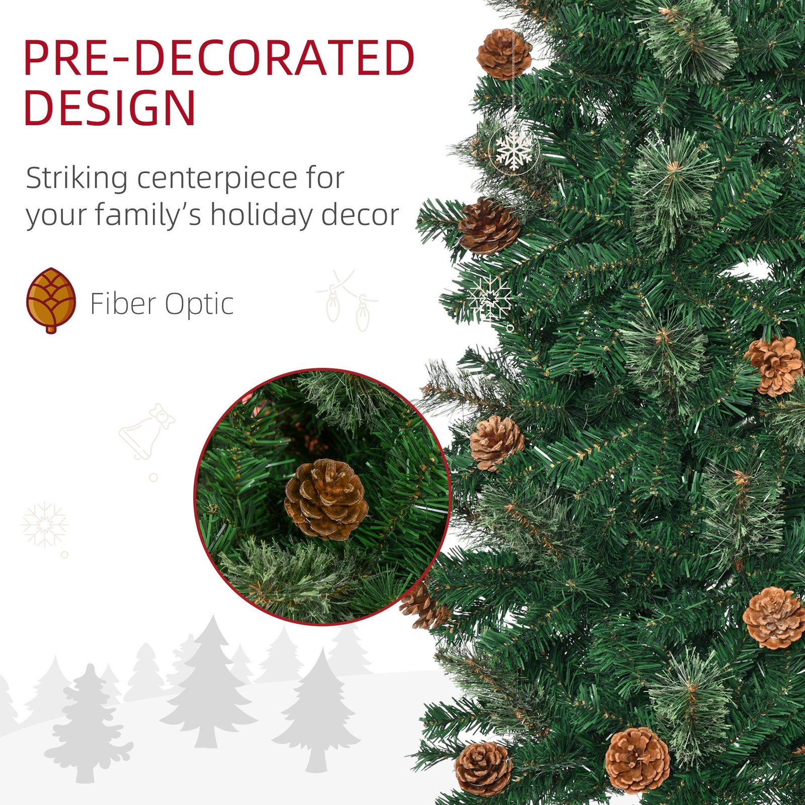 7.5ft Pencil Christmas Tree, Artificial Christmas With Pine Needles, Realistic Branches, Pine Cones, Metal Base, Green - Image 6