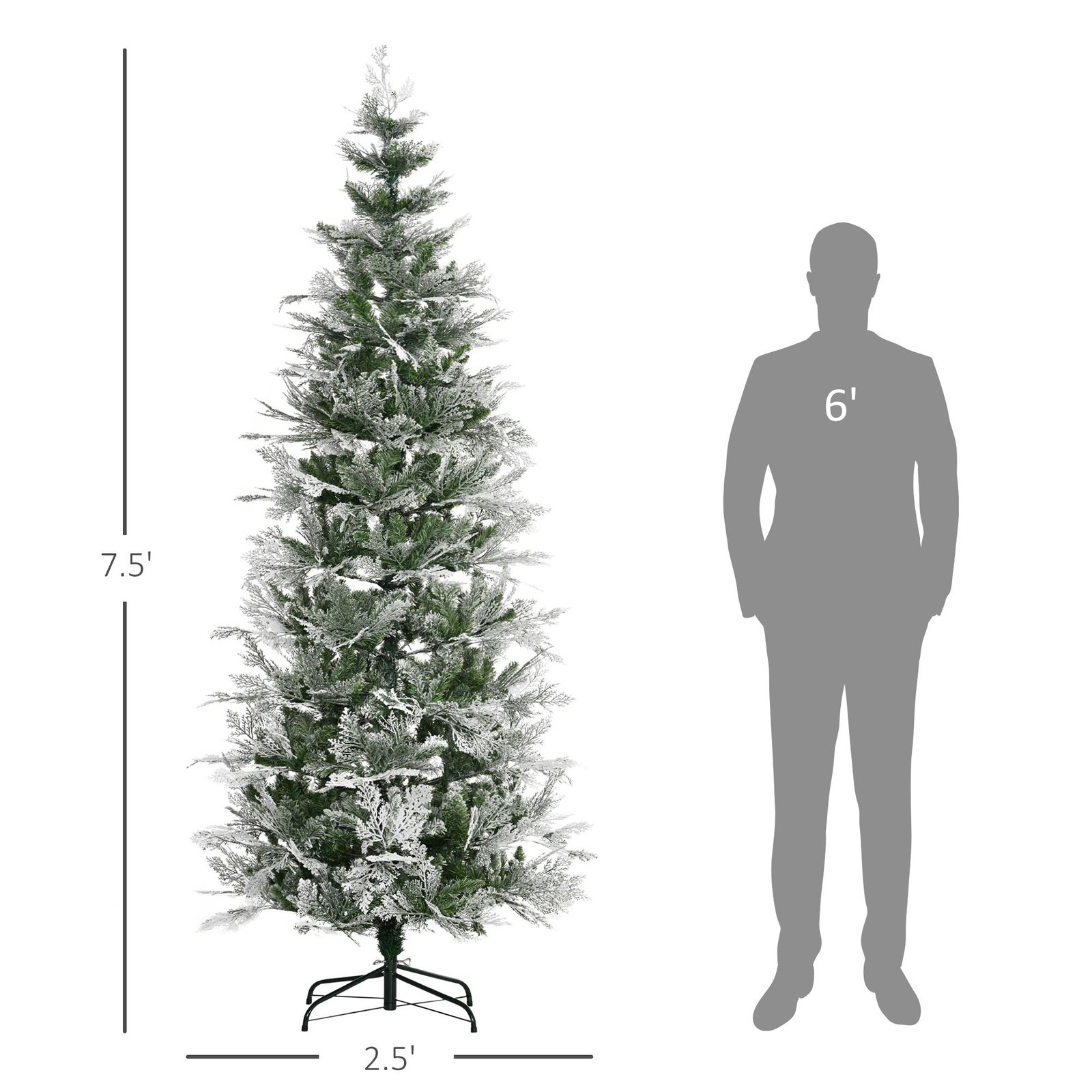7.5 Feet Pencil Snow Flocked Artificial Christmas Tree With 880 Realistic Cypress Branches, Auto Open, Green - Image 2