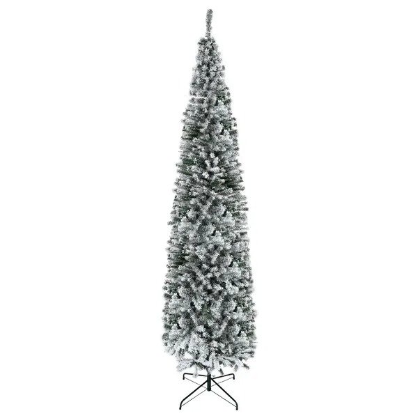 9ft Flocked Christmas Tree, Pencil Christmas Tree With Realistic Branch Tips, Folding Metal Stand, Green - Image 4