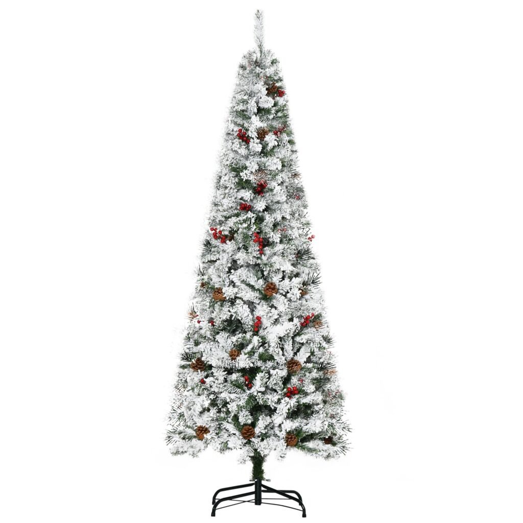 6 Foot Pencil Snow Flocked Artificial Christmas Tree With 600 Pine Realistic Branches, Pine Cones, Red Berries, Auto Open, Green —