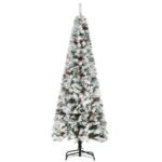 6 Foot Pencil Snow Flocked Artificial Christmas Tree With 600 Pine Realistic Branches, Pine Cones, Red Berries, Auto Open, Green