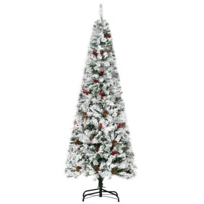 6 Foot Pencil Snow Flocked Artificial Christmas Tree With 600 Pine Realistic Branches, Pine Cones, Red Berries, Auto Open, Green