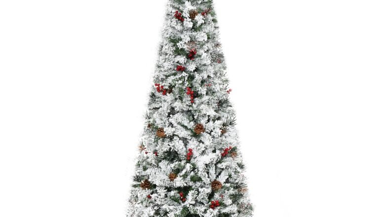 6 Foot Pencil Snow Flocked Artificial Christmas Tree With 600 Pine Realistic Branches, Pine Cones, Red Berries, Auto Open, Green