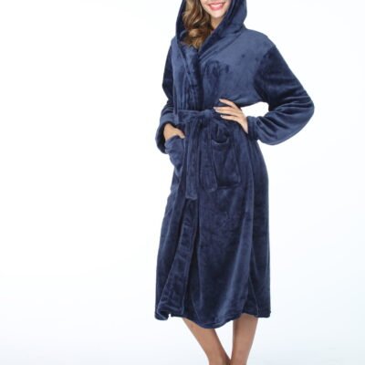 RONGTAI Womens Long Robes Plush Fleece Nightgown Thick Hooded Bathrobe With Pockets Fluffy Sleepwear For Men