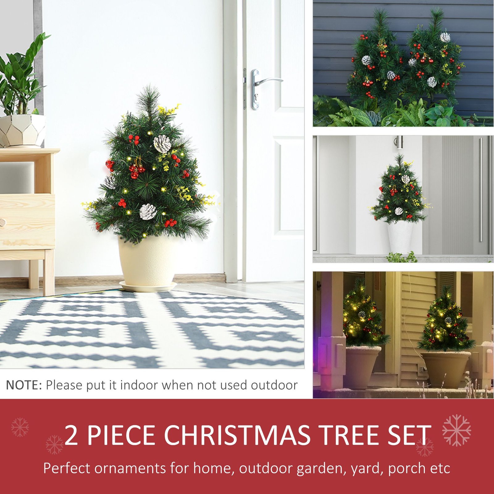 2.5ft 2 Pieces Prelit Artificial Christmas Tree With LED Light Mini Xmas Tree With Small Berry Pine Needles Pinecones Decorations For Garden - Image 3