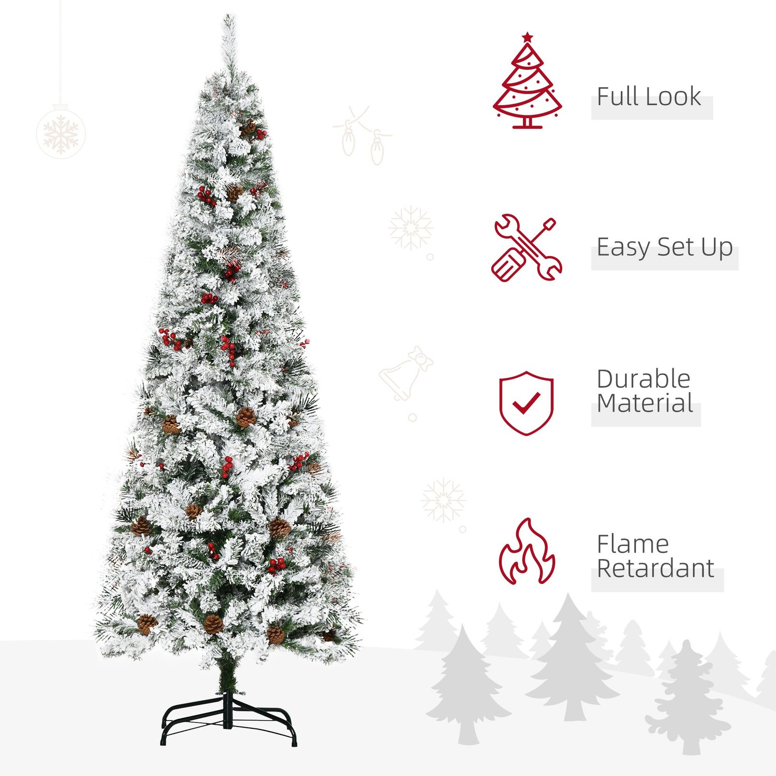 6 Foot Pencil Snow Flocked Artificial Christmas Tree With 600 Pine Realistic Branches, Pine Cones, Red Berries, Auto Open, Green - Image 6