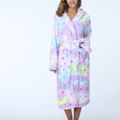 RONGTAI Womens Long Robes Plush Fleece Nightgown Thick Hooded Bathrobe With Pockets Fluffy Sleepwear For Men