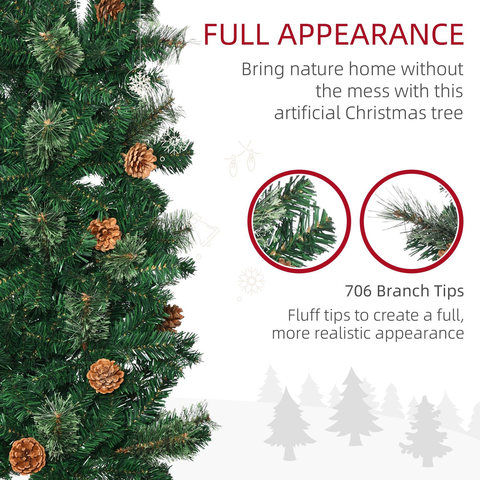 7.5ft Pencil Christmas Tree, Artificial Christmas With Pine Needles, Realistic Branches, Pine Cones, Metal Base, Green - Image 5