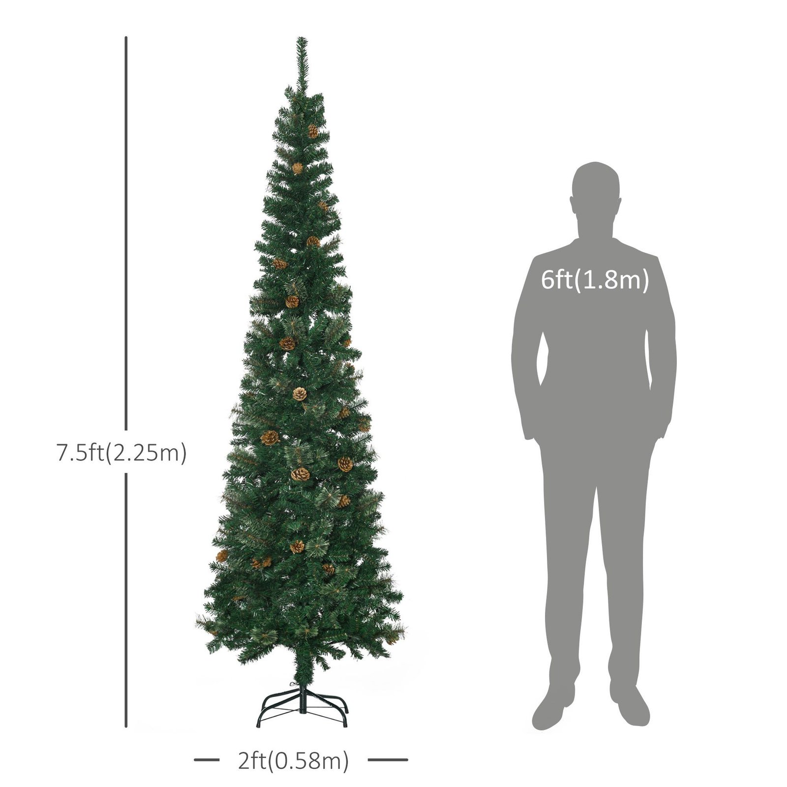 7.5ft Pencil Christmas Tree, Artificial Christmas With Pine Needles, Realistic Branches, Pine Cones, Metal Base, Green - Image 2
