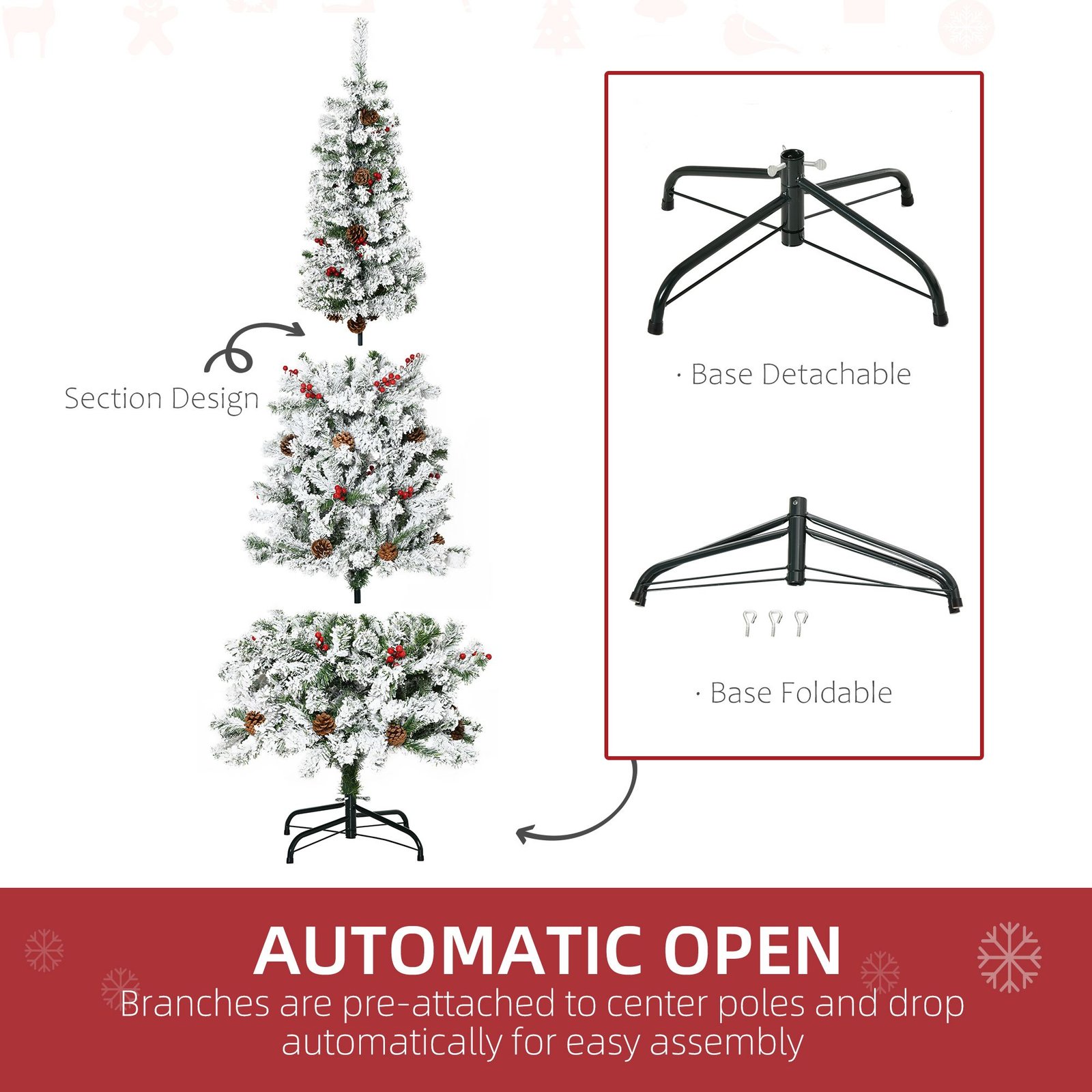 6 Foot Pencil Snow Flocked Artificial Christmas Tree With 600 Pine Realistic Branches, Pine Cones, Red Berries, Auto Open, Green - Image 5