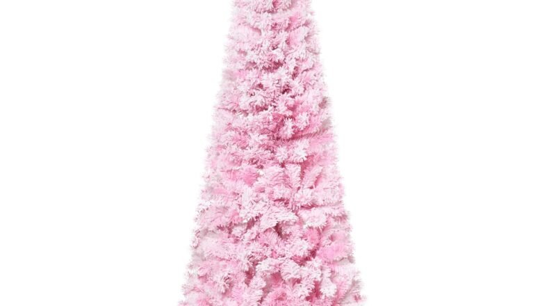 5 FT Snow Flocked Artificial Christmas Tree, Pencil Xmas Tree With Realistic Branches, Auto Open And Steel Base, Pink