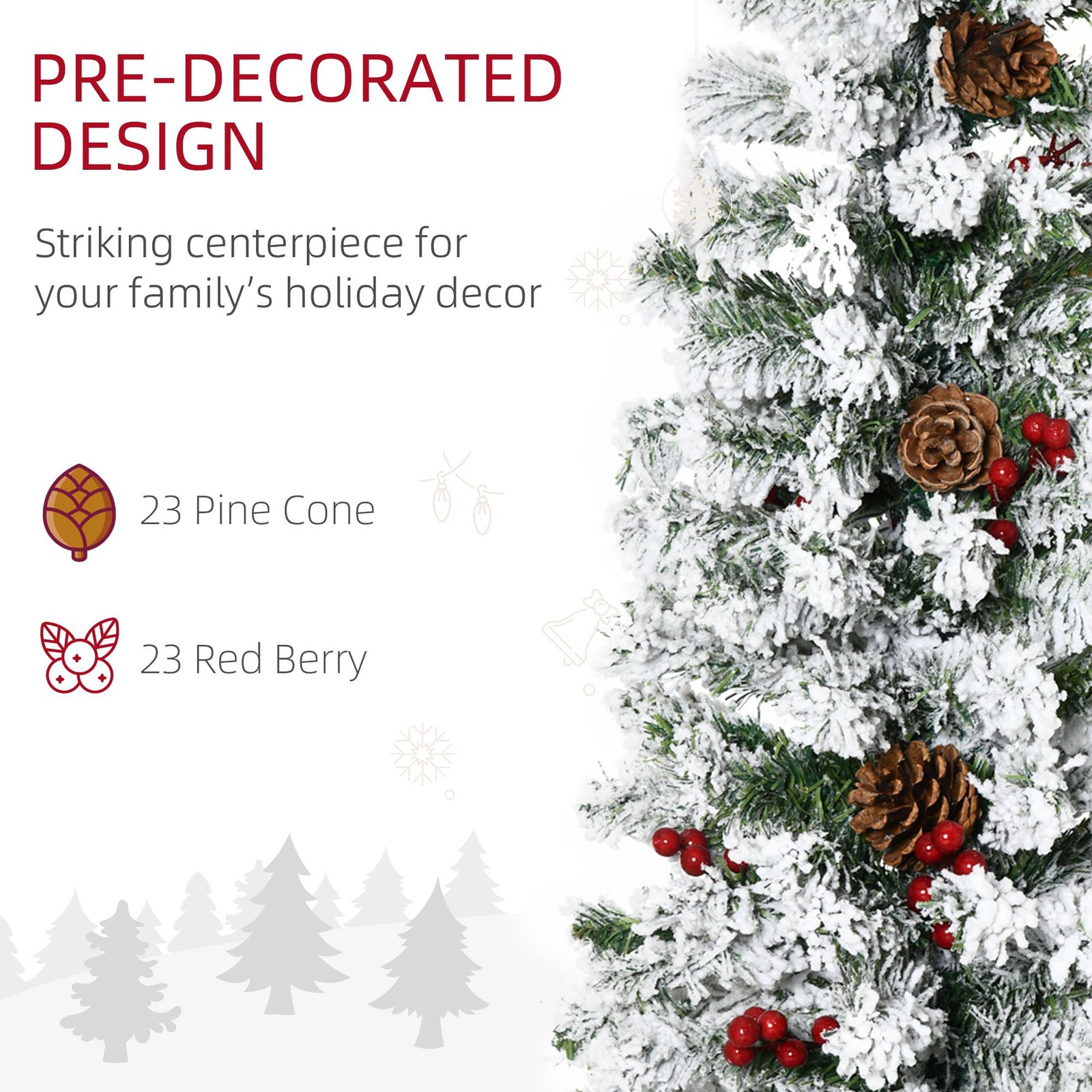 6 Foot Pencil Snow Flocked Artificial Christmas Tree With 600 Pine Realistic Branches, Pine Cones, Red Berries, Auto Open, Green - Image 4