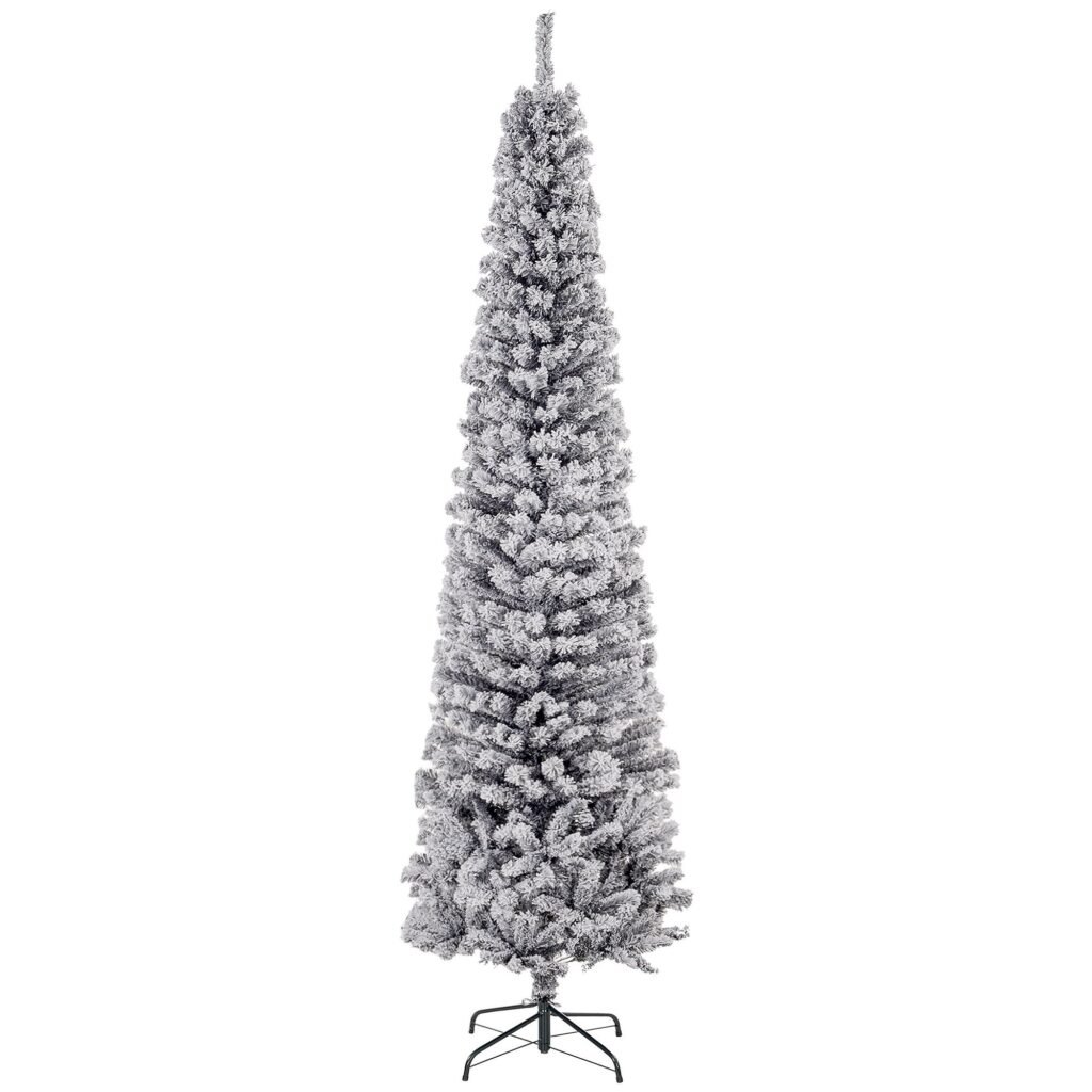 7.5ft Flocked Christmas Tree, Pencil Christmas Tree With Realistic Branch Tips, Folding Metal Stand, Black —
