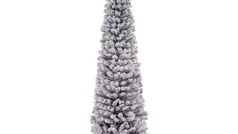 7.5ft Flocked Christmas Tree, Pencil Christmas Tree With Realistic Branch Tips, Folding Metal Stand, Black