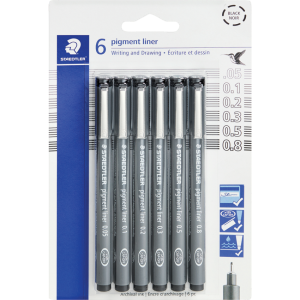 308-9SBK6 STAEDTLER Pigment Liner (005; 01; 02; 03; 05; 08)