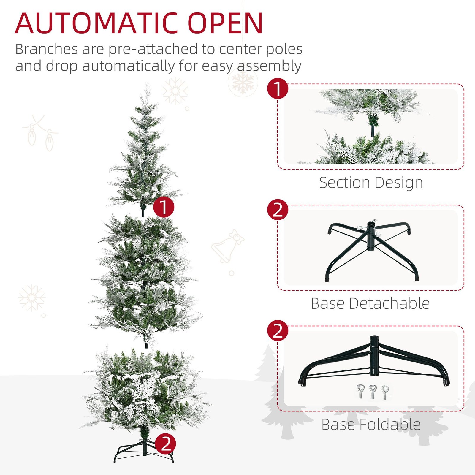 7.5 Feet Pencil Snow Flocked Artificial Christmas Tree With 880 Realistic Cypress Branches, Auto Open, Green - Image 5