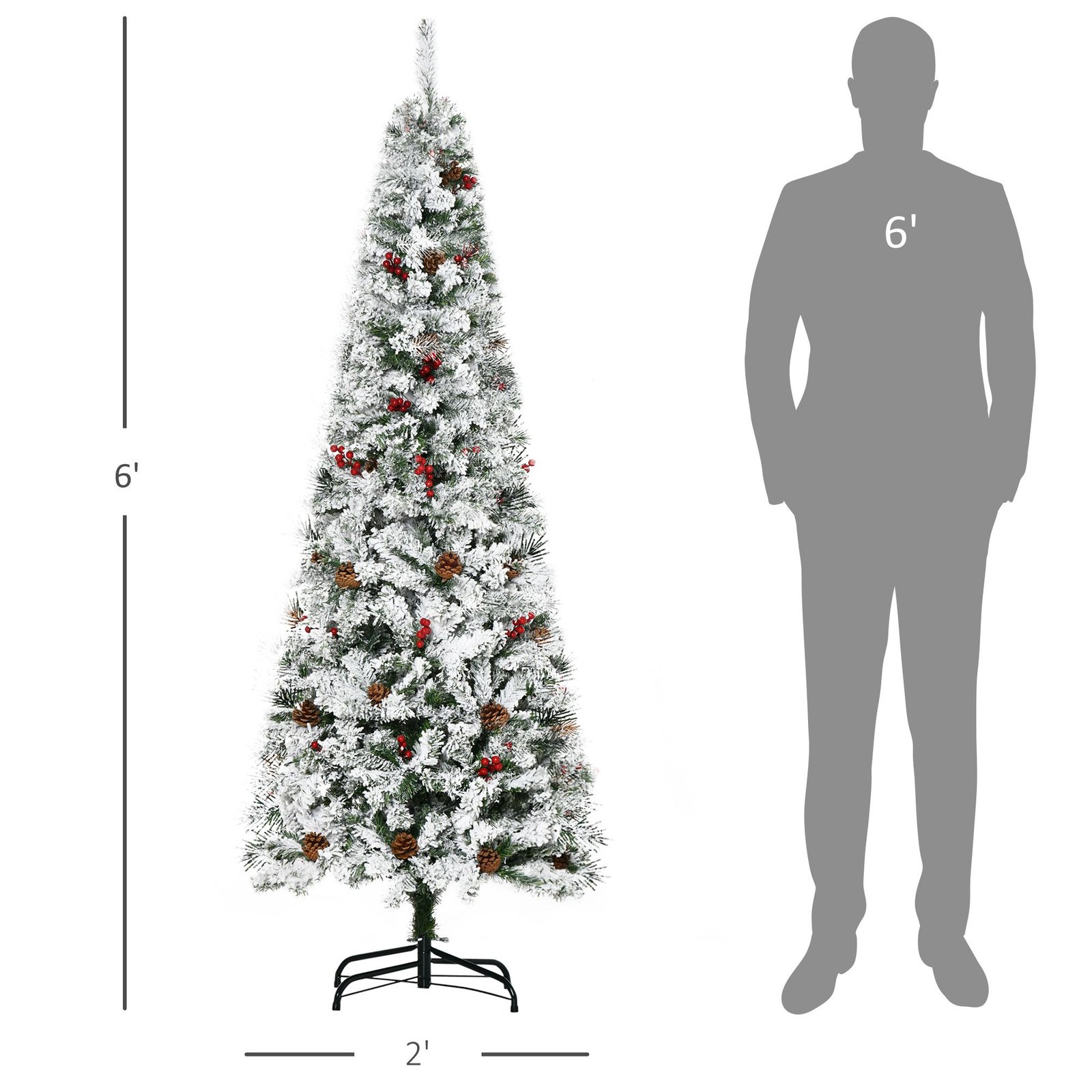 6 Foot Pencil Snow Flocked Artificial Christmas Tree With 600 Pine Realistic Branches, Pine Cones, Red Berries, Auto Open, Green - Image 2