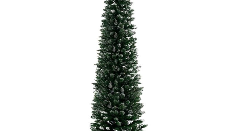 6FT Artificial Snow Dipped Christmas Tree Xmas Pencil Tree Holiday Home Indoor Decoration With Foldable Black Stand, Green