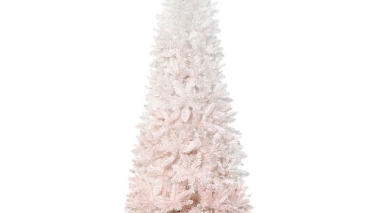 7ft Pencil Artificial Christmas Tree With Pine Realistic Branches, Auto Open, Pink And White