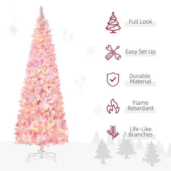 7.5 Foot Prelit Snow Flocked Artificial Christmas Tree With Pencil Shape, 700 Pine Realistic Branches, Warm White LED Lights, Auto Open, Pink And White - Image 4