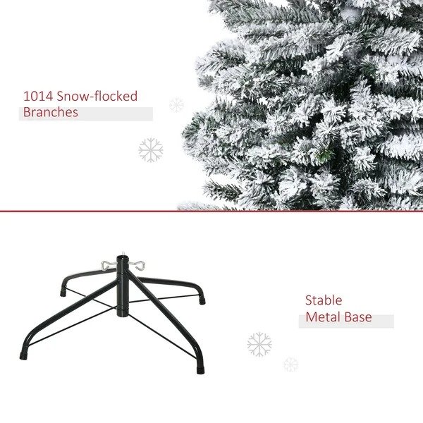 9ft Flocked Christmas Tree, Pencil Christmas Tree With Realistic Branch Tips, Folding Metal Stand, Green - Image 6