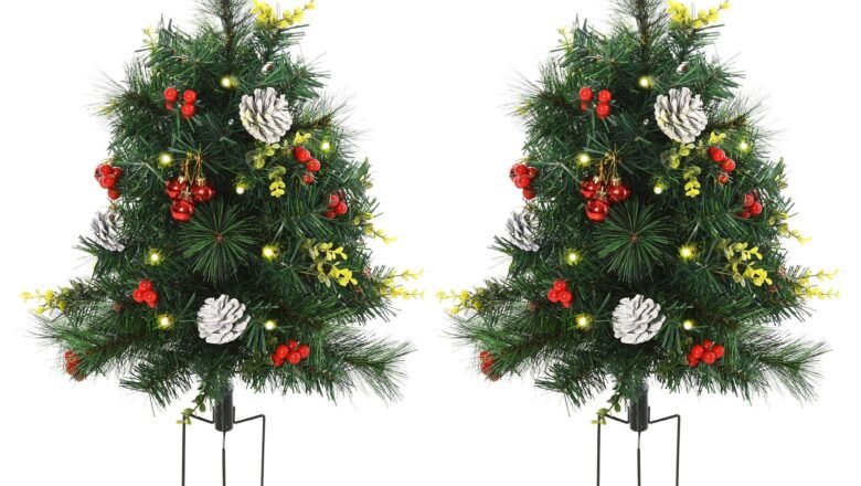2.5ft 2 Pieces Prelit Artificial Christmas Tree With LED Light Mini Xmas Tree With Small Berry Pine Needles Pinecones Decorations For Garden
