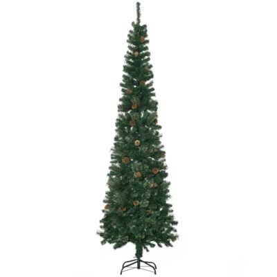 7.5ft Pencil Christmas Tree, Artificial Christmas With Pine Needles, Realistic Branches, Pine Cones, Metal Base, Green