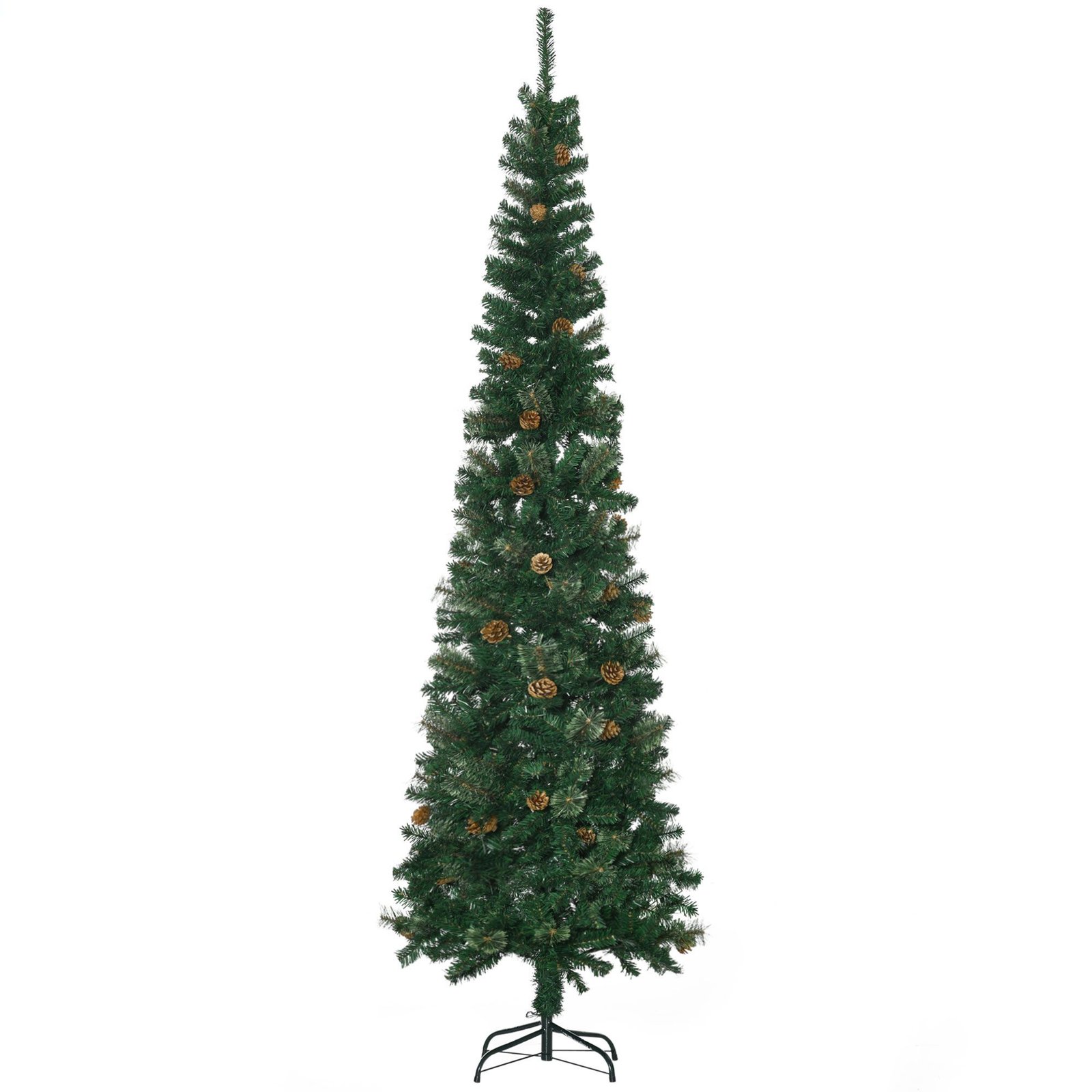 7.5ft Pencil Christmas Tree, Artificial Christmas With Pine Needles, Realistic Branches, Pine Cones, Metal Base, Green