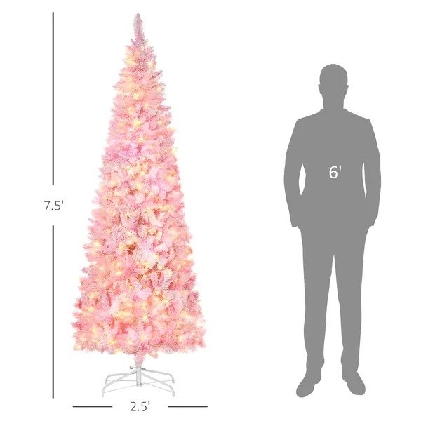 7.5 Foot Prelit Snow Flocked Artificial Christmas Tree With Pencil Shape, 700 Pine Realistic Branches, Warm White LED Lights, Auto Open, Pink And White - Image 3