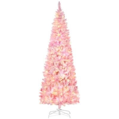 7.5 Foot Prelit Snow Flocked Artificial Christmas Tree With Pencil Shape, 700 Pine Realistic Branches, Warm White LED Lights, Auto Open, Pink And White